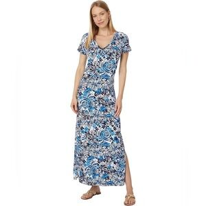 New Lilly Pulitzer Blue Floral Maxi Dress Pima Cotton Short Sleeve Size S